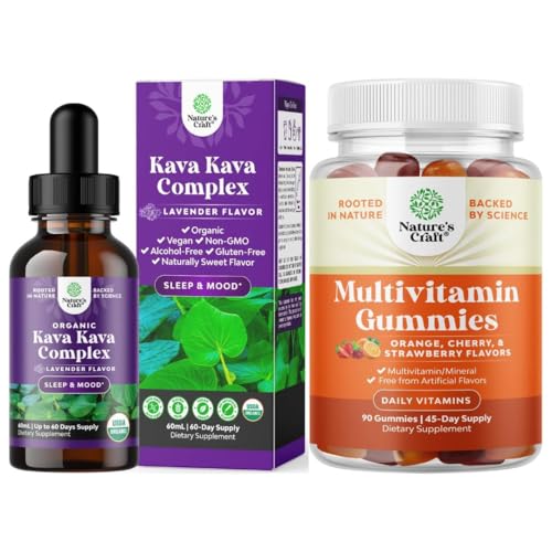 Bundle of Potent Liquid Kava Kava Drops Supplement with Kavalactones - Relax Calming Tonic for Stress Relief & Better Sleep & Multivitamin Gummies for Adults - Halal Multivitamin Gummy with B12 Biotin