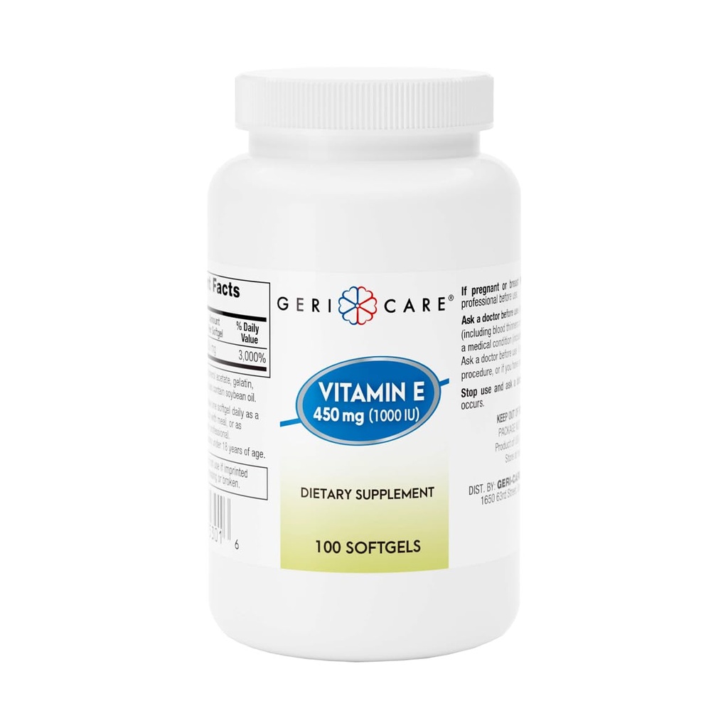 GeriCare High-Potency Vitamin E Capsules, 1000 IU for Skin & Immune Support, 450mg Organic Vitamin E for Women and Men, 100 Count (Pack of 1)