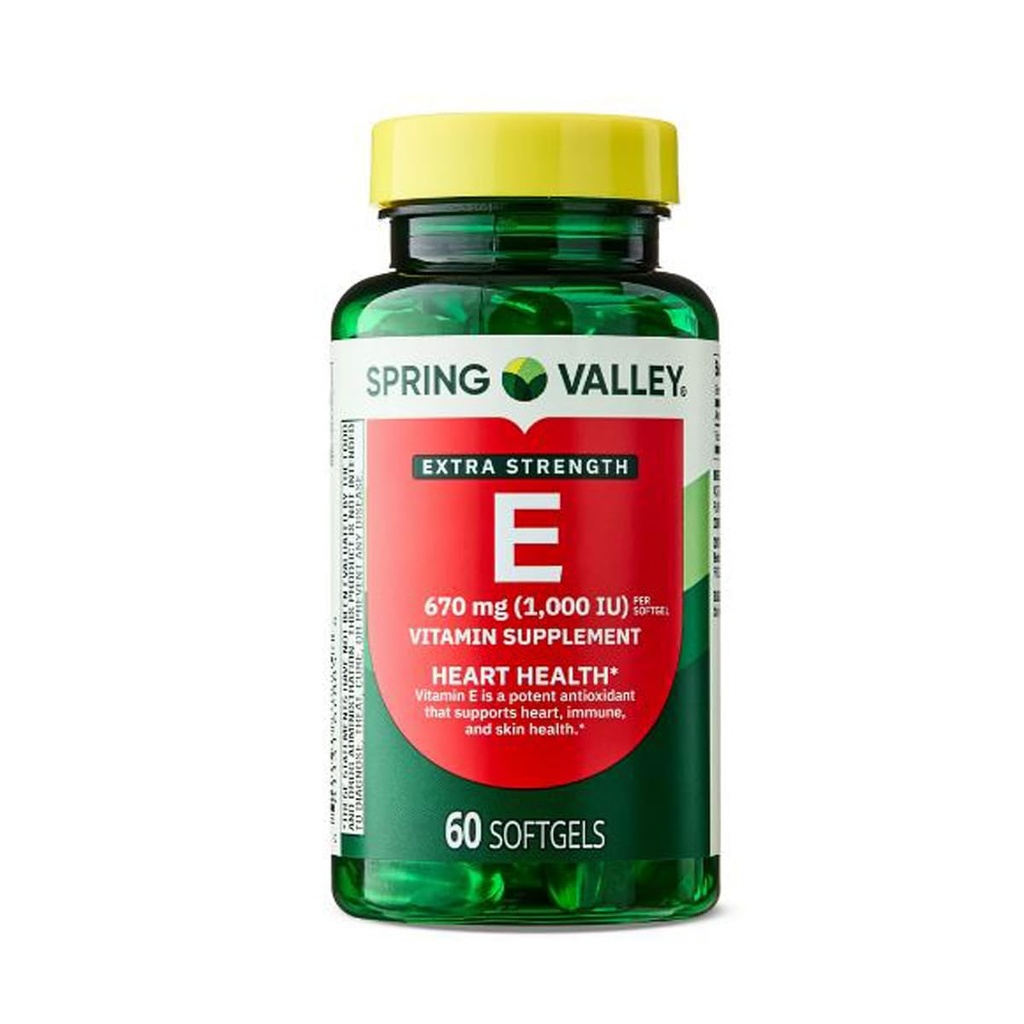 Spring Valley Extra Strength Vitamin E 1,000 IU (670 mg) d-Alpha Softgels – Natural Antioxidant & Heart Health Support – 60 Softgels