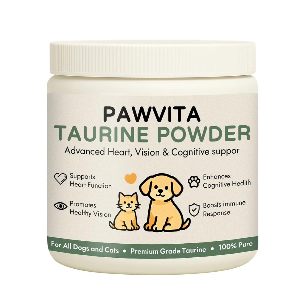 Pawvita Pure Taurine Powder, Taurine Supplement for Dogs. | Powder for All Dogs and Cats，Advanced Heart, Vision & Cognitive suppor, 99.9% pure taurine powder200g(1)