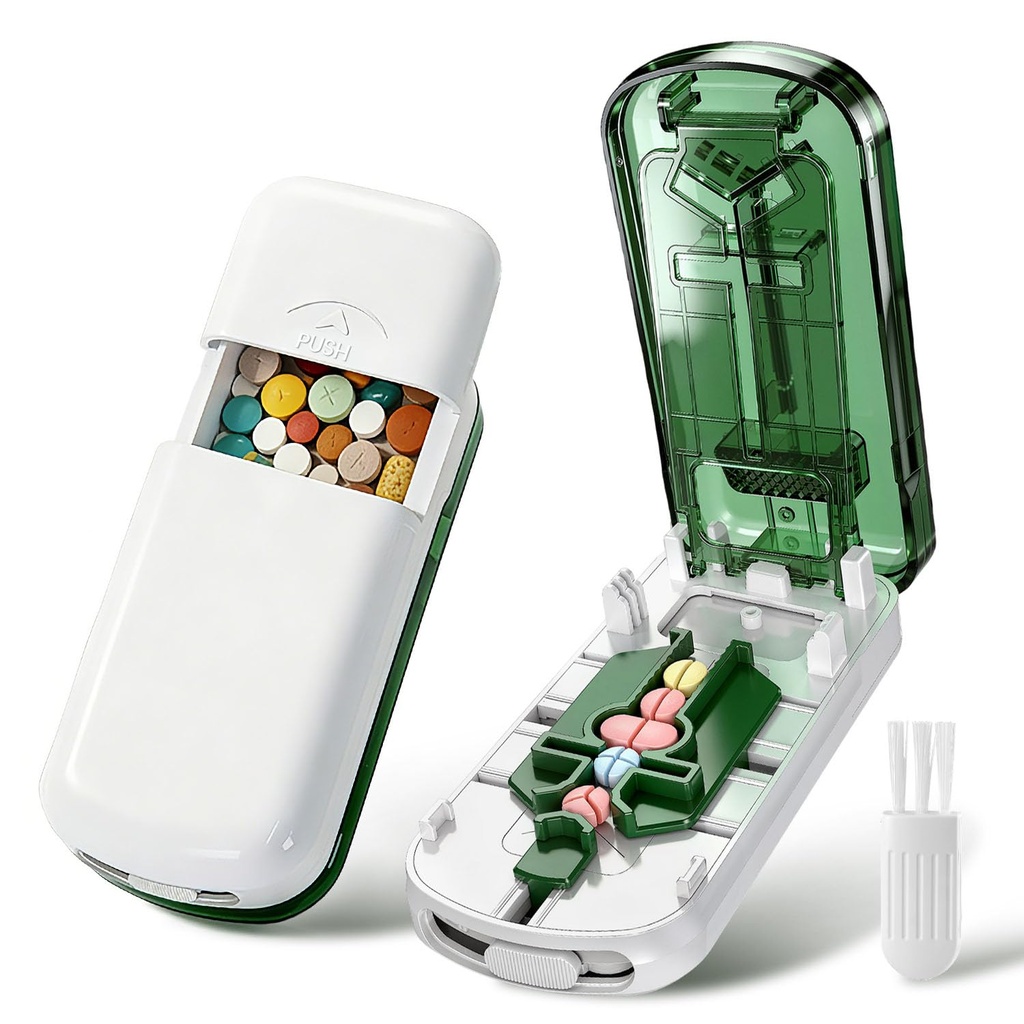 Professional Pill Cutter for Small Pills, 3-in-1 Pill Cutter Splitter for Small or Large Pills-Safely Cuts 1/2, 1/3, and 1/4 Multiple Pills Splitter, Adjustable Pill Cutter (Green White)