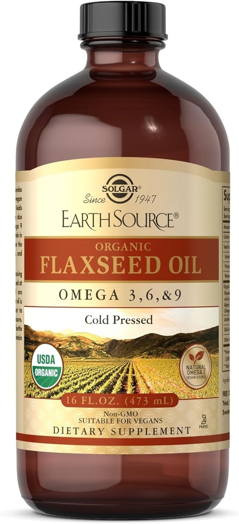 Solgar Earth Source Organic Flaxseed Oil - 16 fl oz - Ψυχρή πίεση - Ωμέγα 3, 6 & 9 - USDA Organic, μη ΓΤΟ, Χωρίς γλουτένη - Περίπου 31 υπηρεσίες