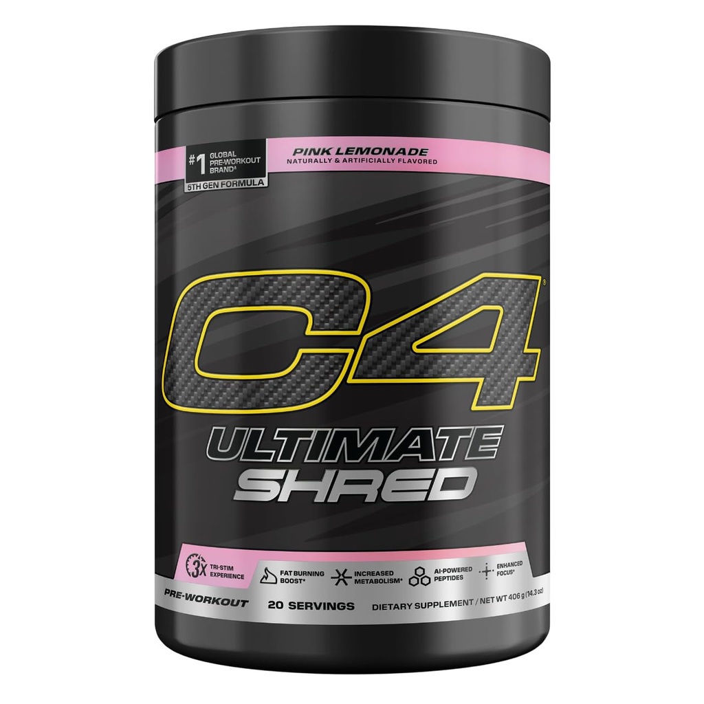 Cellucor C4 Ultimate Shred Pre Workout Powder, Μεταβολισμός συμπλήρωμα με Cayenne Extract+300mg Caffeine+TeaCrine+Dynamine - Pink Λεμονάδα, 20 εξυπηρετούν