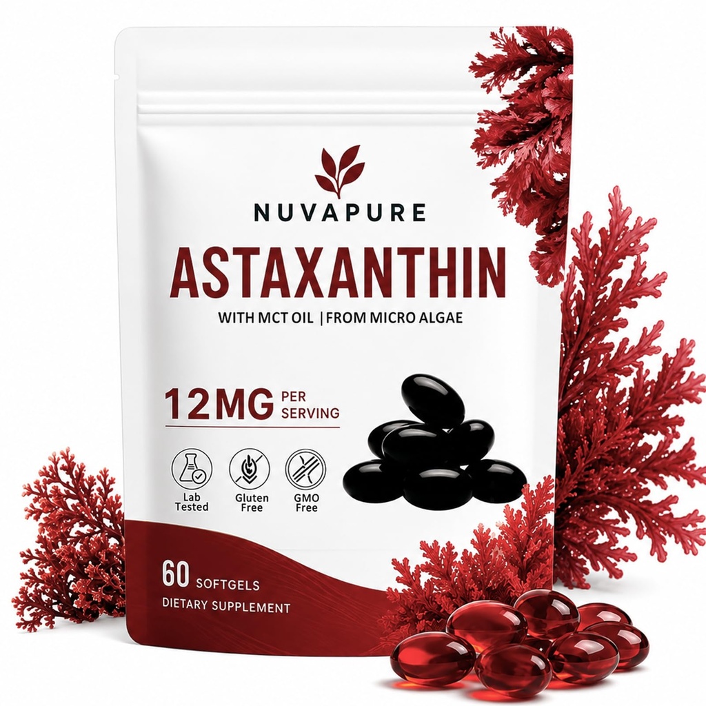NuvaPure Astaxanthin, 12mg with MCT Oil, Antioxidants Supplement, Supports for Eye &Joint & Skin Health, 60 Softgels