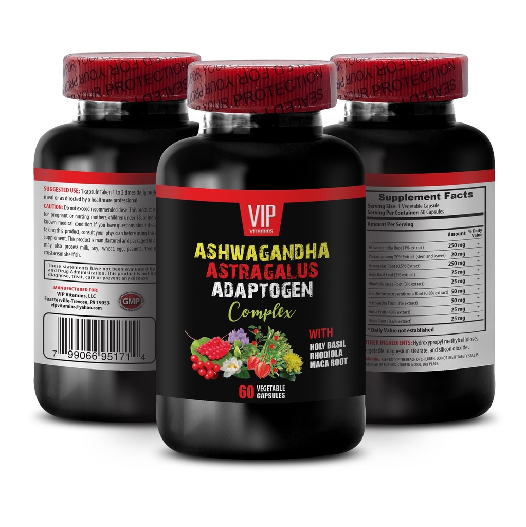 ADAPTOGEN Complex Capsules with ASHWAGANDHA, Astragalus, Holy Basil, Rhodiola, Maca Root, Panax Ginseng - Enhance Focus and Cognitive Function, Natural Energy Booster, Immune Support, 1 Bot, 60 Caps