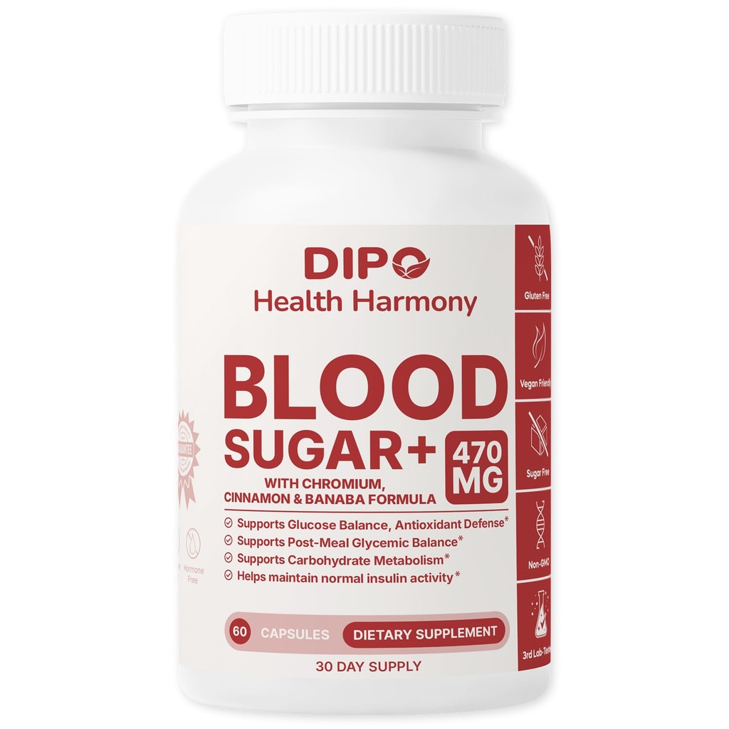 DIPO Blood Sugar Plus - Multi-Vitamin with Biotin, Chromium, Cinnamon, Banaba Extract & Alpha Lipoic Acid - Glucose & Carbohydrate Metabolism Support - 60 Vegan Capsules, Non-GMO