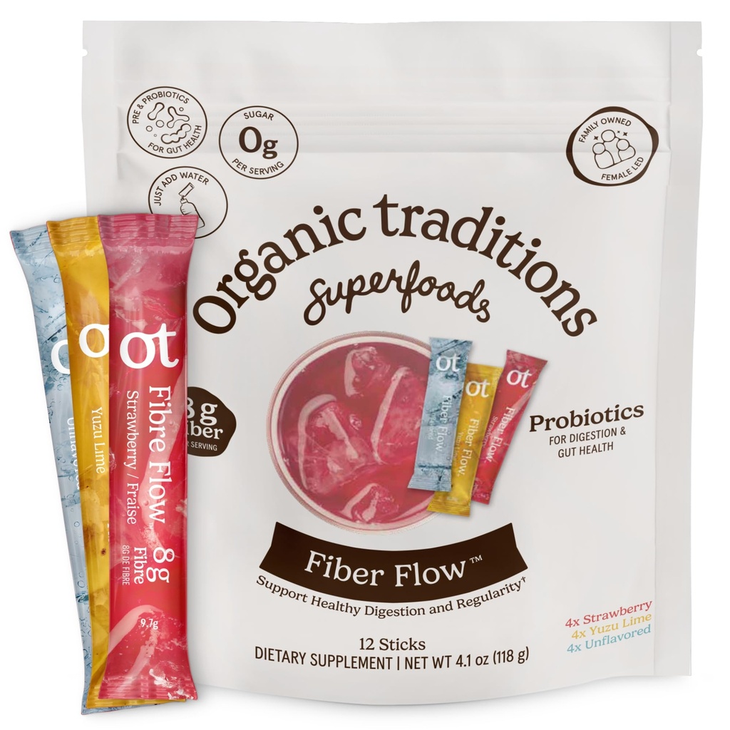 Organic Traditions Fiber Flow Variety Pack, Daily Fiber Supplement Sticks with Acacia, Chicory Root Inulin, One Billion CFU Probiotics, Mixed Flavors Strawberry Yuzu Lime Unflavoured, 12 Count
