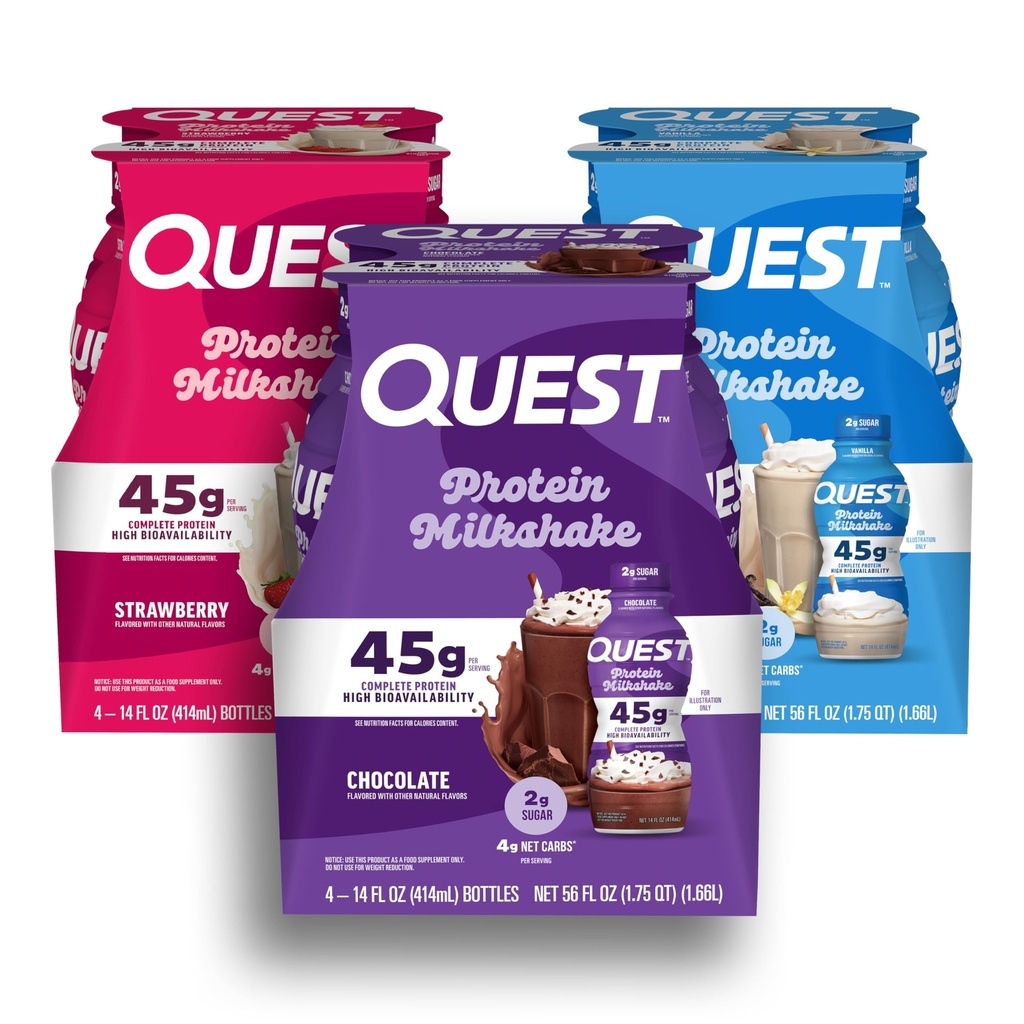 Quest Nutrition Protein Shake, Vanilla, Strawberry, & Chocolate, 45g Protein, 2g Sugar, Ready to Drink, Gluten Free, 12 Count (4 each Flavor)