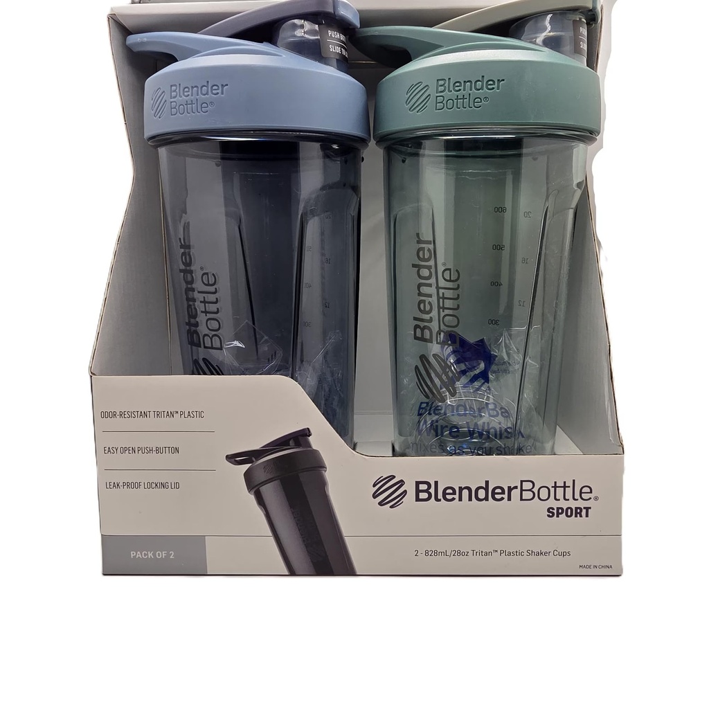 BlenderBottle Strada Shaker Bottle, 28 oz, Tritan Plastic, Leakproof Flip Cap, Wire Whisk Ball, BPA-Free (Pack of 2, Blue/Green)
