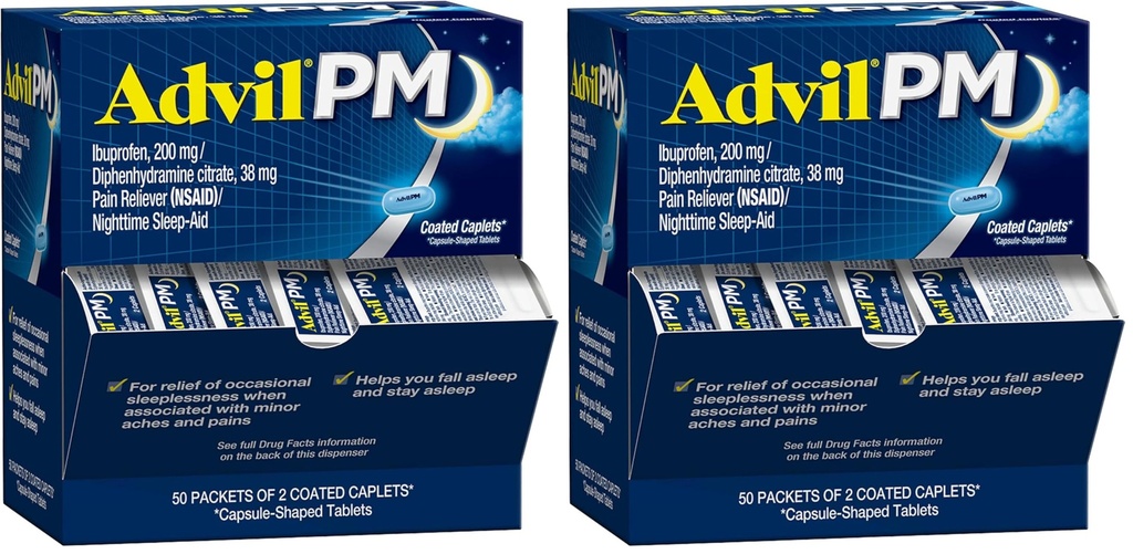 Advil PM Pain Reliever and Nighttime Sleep Aid,Pain Medicine with Ibuprofen for-Pain Relief and Diphenhydramine Citrate for a Sleep Aid - 2 Coated Caplets,(Pack of 100)