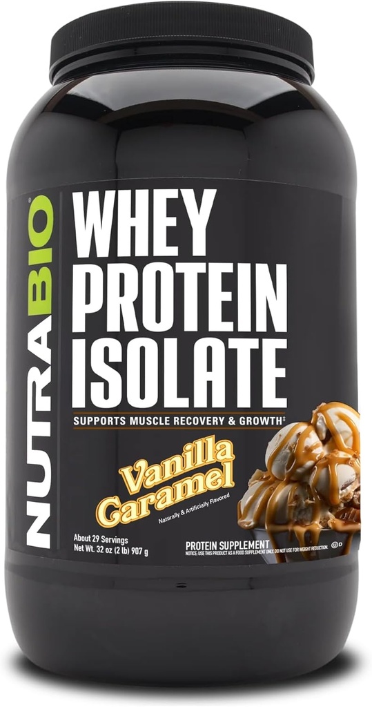 NutraBio 100% Whey Protein Isolate Protein Powder, 25g Protein with Complete Amino Acid Profile, Non-GMO, Soy & Gluten Free, Low Carb, Low Calorie Whey Protein Powder, Vanilla Caramel, 2 Lbs