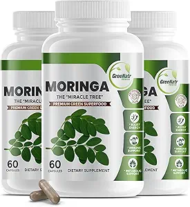 GreeNatr Pure Moringa Oleifera Leaf Extract Κάψουλες Veggie 1000 mg. Φυσικό συμπλήρωμα βοτάνων. Ενέργεια, διάθεση, μνήμη και υποστήριξη εστίασης. Premium Green Superfood (3 μπουκάλια)