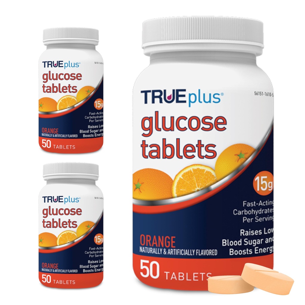 TRUEplus Glucose Tablets, Chewable, Orange Flavor, 15g Fast-Acting Carbohydrates, Fat Free, Gluten Free, Boost Energy, 50 Count, 3 Bottles
