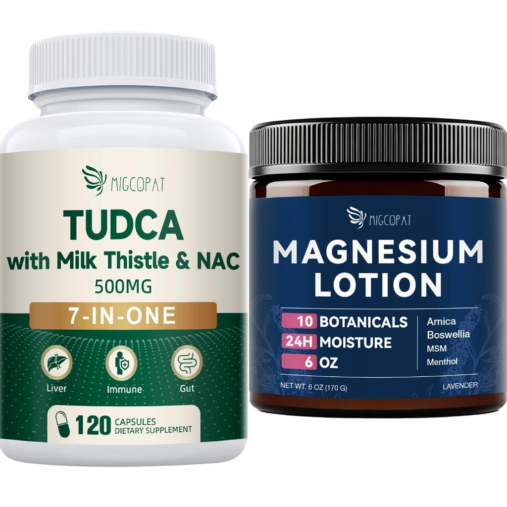 Migcopat Magnesium Lotion with Arnica, MSM & Hyaluronic Acid, Lavender Scent, 6 oz 7-in-One TUDCA Supplement with Milk Thistle, NAC & Alpha Lipoic Acid, 120 Capsules