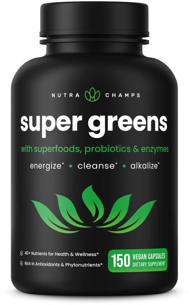NutraChamps Organic Super Greens Κάψουλες - Alfalfa, Spirulina, Chlorella & More - Αντιοξειδωτικό, Digestive Enzyme & Probiotic Blends - 150 Πράσινες κάψουλες Superfood