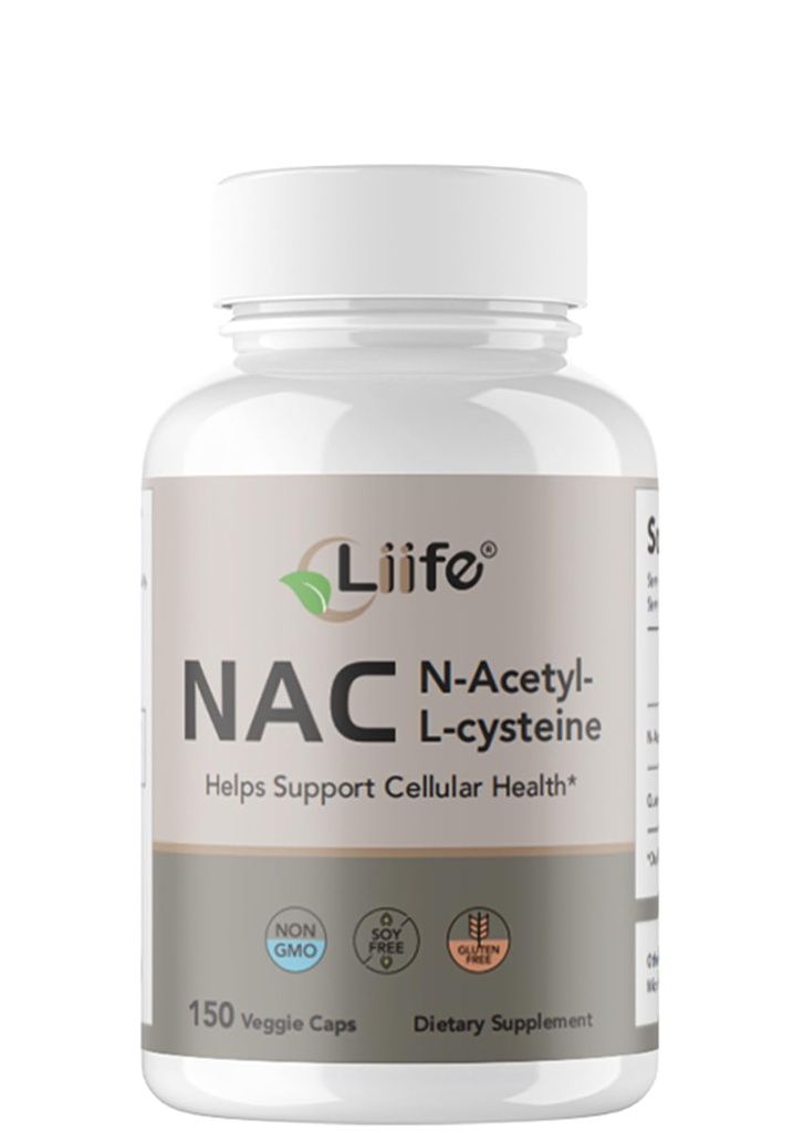 LIIFE NAC (N-Acetylcysteine), 600mg, with L-Methylfolate and Quercetin, Antioxidant, Respiratory Health, Immune & Thyroid Support, Non-GMO, Gluten-Free, Soy-Free, 150 Vegan Capsules
