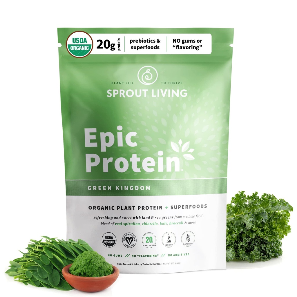 Sprout Living Epic Protein, Plant Based Protein & Superfoods Powder, Green Kingdom | 20 Grams Organic Protein Powder, Greens, Vegan, Non Dairy, Non-GMO, Gluten Free, Low Sugar (1 Pound, 12 Servings)