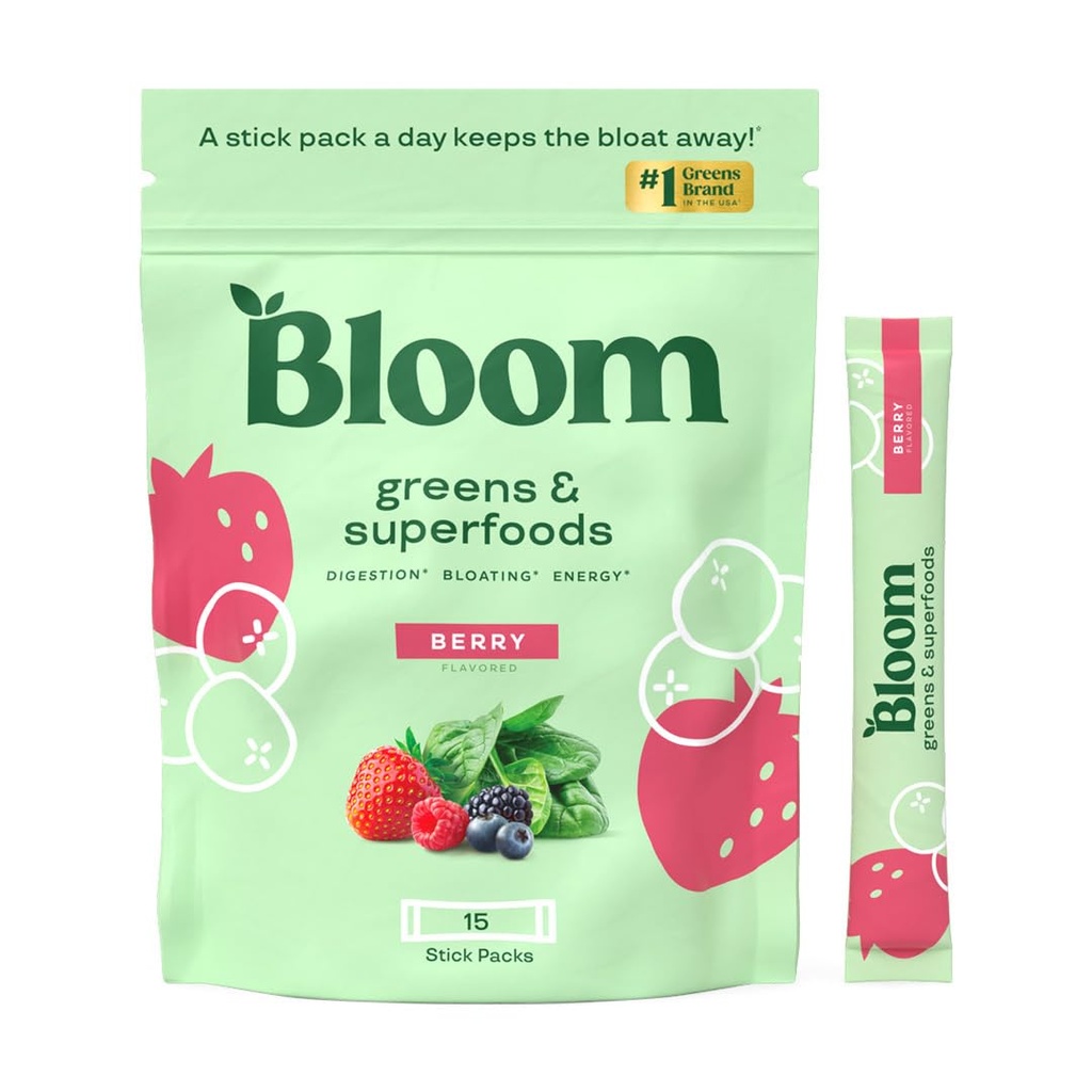 Bloom Nutrition Superfood Greens Powder Stick Packs, Digestive Enzymes with Probiotics and Prebiotics, Gut Health, Bloating Relief for Women, Chlorella, Green Juice Mix, 15 SVG, Berry
