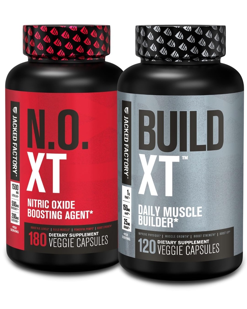 Jacked Factory Muscle Builder Supplement Stack - Build-XT Muscle Builder & N.O. XT Nitric Oxide Booating Agent for Dual Support (60 Day Supply)