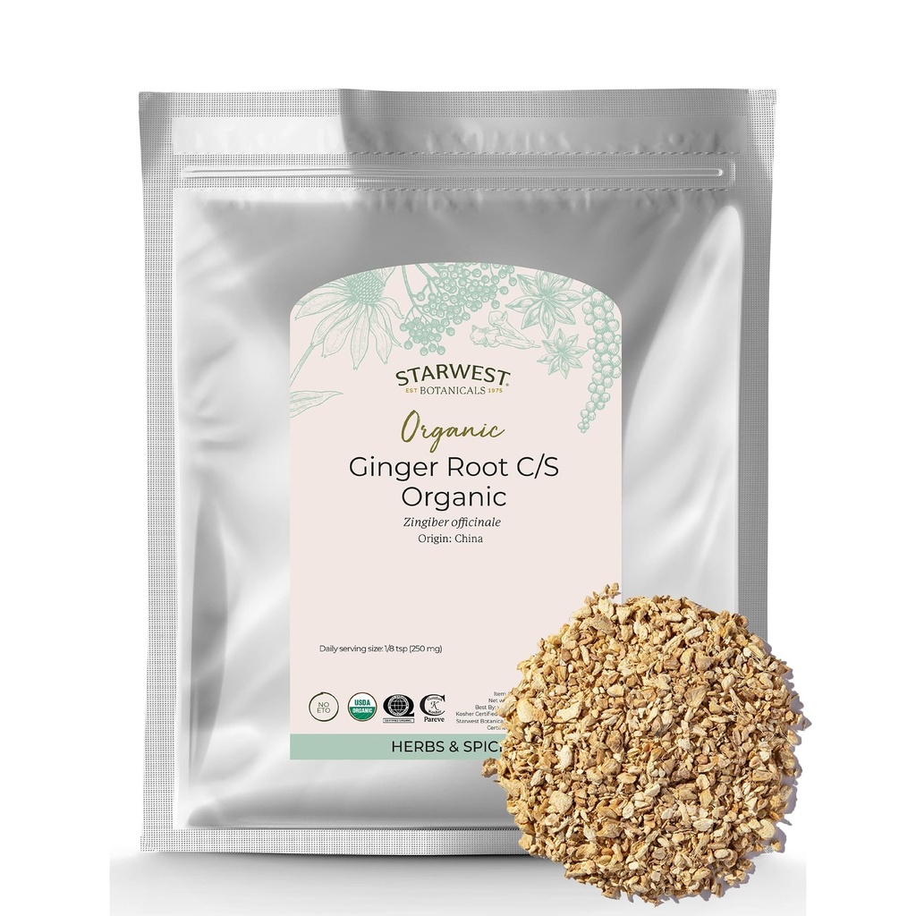 Starwest Botanicals Organic Ginger Root - Αποξηραμένο Ginger Herb για Τσάι, Ψήσιμο, & Μαγειρική, Κοψίματα και Κοφτό, Φυσικό βοτανικό Μπαχαρικό, Υποστηρίζει Digestion, Certified Kosher, Μη-GMO - Μαζική 1 LB τσάντα