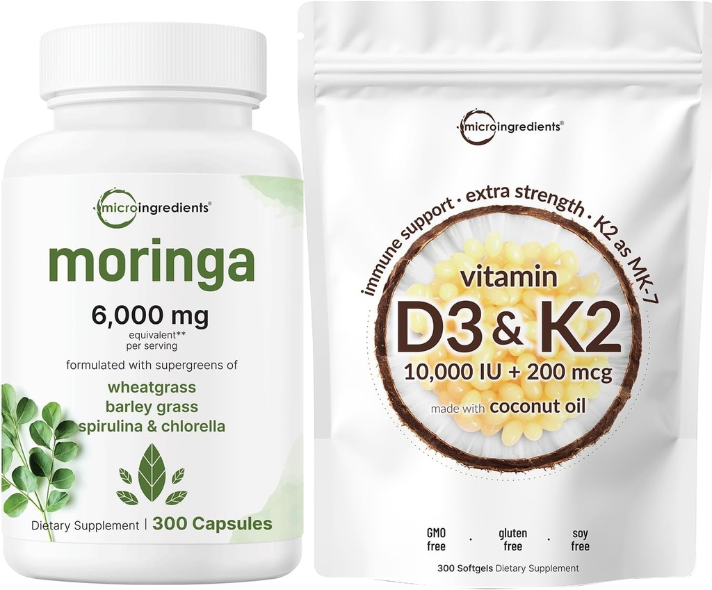 Micro Συστατικά Βιταμίνη D3 10.000iu + K2 200mcg Λάδι καρύδας Softgels & Moringa Oleifera 6.000mg Ισοδύναμο 300 κάψουλες Bundle 2 Pack 