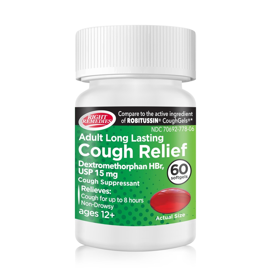 RIGHT REMEDIES Cough Relief Softgels, Dextromethorphan HBr 15mg, up to 8-Hour Long-Lasting, Non Drowsy Bronchial Suppressant, Generic Coughgels Compare to National Brand (60 Softgels)