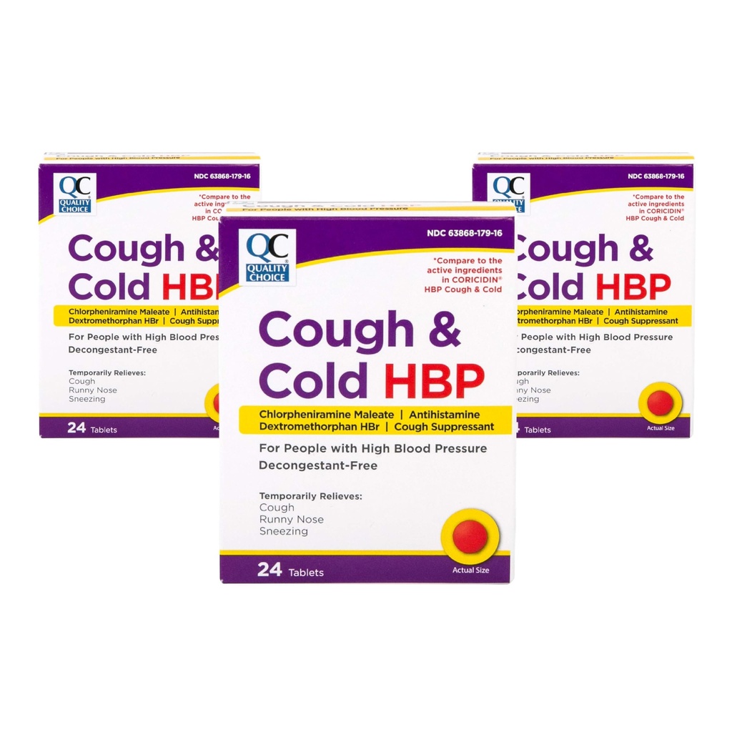 Quality Choice HBP Decongestant Free, Cough and Cold Medicine, High Blood Pressure Cold Relief, Acetaminophen, Gluten, & Sugar Free Tablets for Runny Nose, Cough, and Sneezing, 24ct - Pack of 3