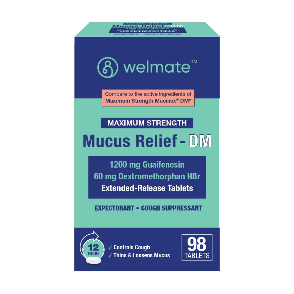 WELMATE Maximum Strength Mucus Relief DM 98 Tablets 1200mg Guaifenesin + 60mg Dextromethorphan HBr - 12-Hour Chest Congestion, Cough Suppressant - Extended-Release Bi-Layer Tablets for Adults