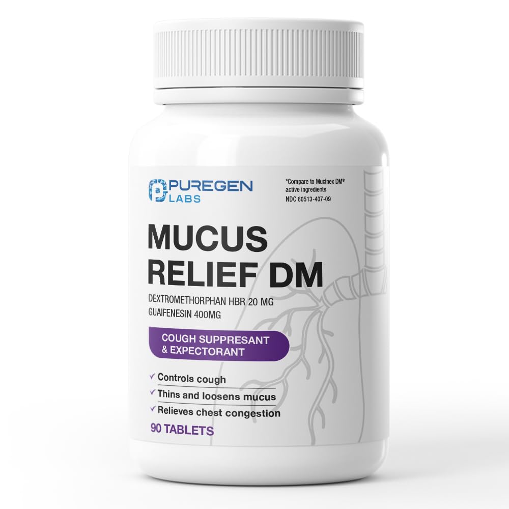 Puregen Labs Mucus Relief DM | Dextromethorphan HBr 20mg | Guaifenesin 400mg | Cough, Immediate Release Uncoated Cough & Mucus Expectorant Pill – 90 Tablets