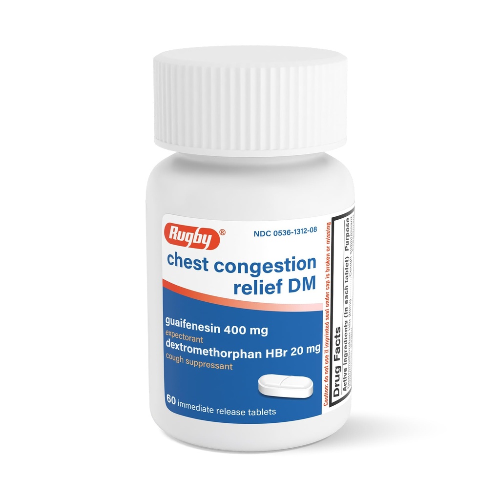 Rugby Chest Congestion Relief DM - Guaifenesin 400mg - Dextromethorphan HBr 20mg - Expectorant Cough Suppressant - 60 Immediate Release Tablets (1 Pack)