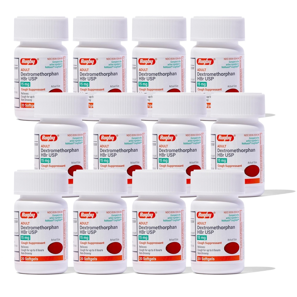 Rugby Adult Dextromethorphan HBr USP 15 mg - Non-drowsy Cough Suppressant - Relives Cough for up to 8 Hours - 20 Softgels (12 Pack)