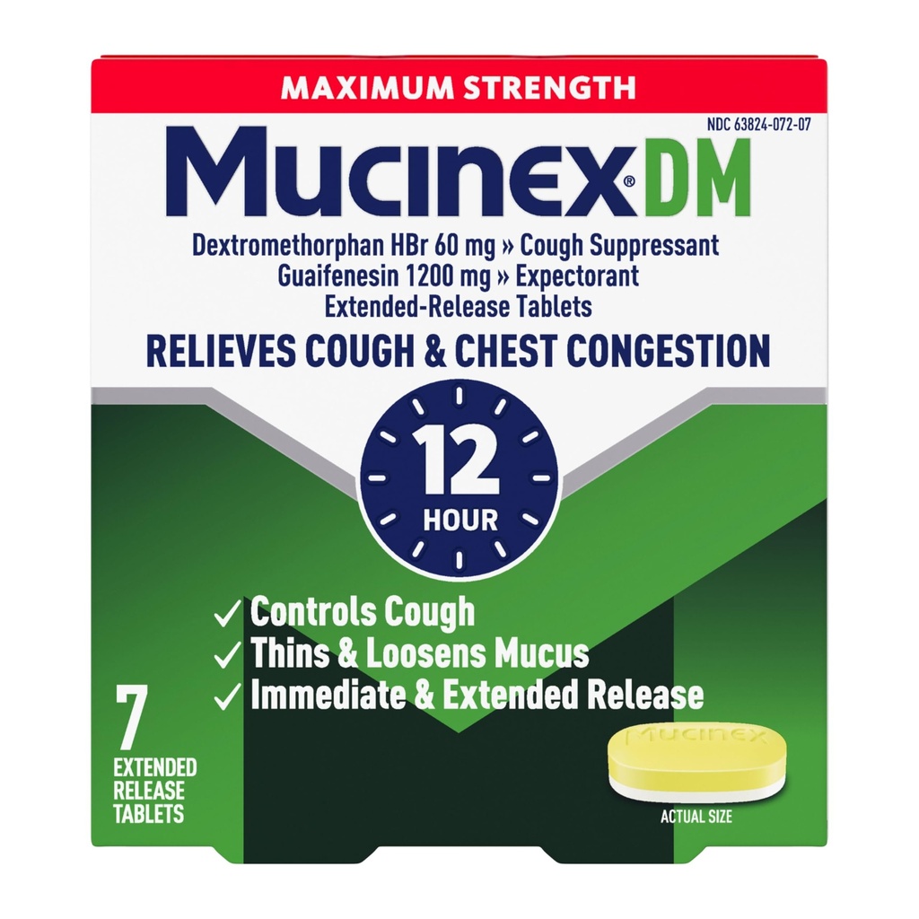Mucinex DM 12Hr Maximum Strength Chest Congestion & Cough Medicine For Adults, Cold And Cough Medicine for Excess Mucus Relief, 1200 mg Guaifenesin & 60 mg Dextromethorphan HBr, 7 Bi-Layer Tablets