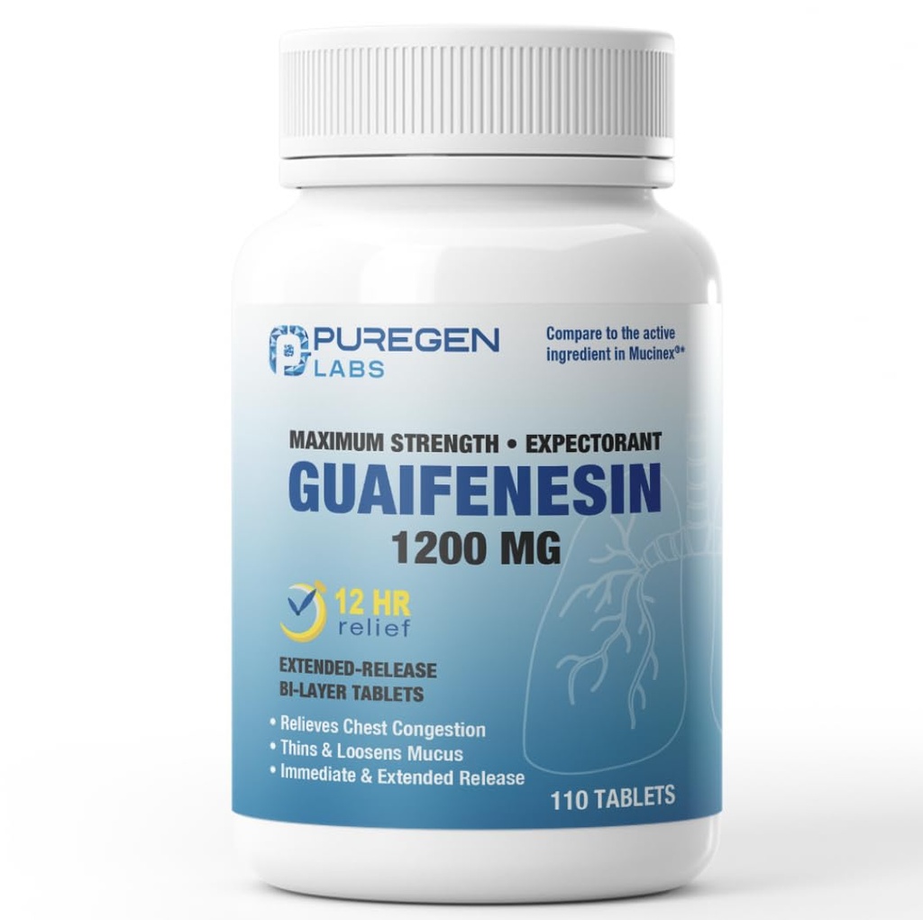 P Puregen Labs Mucus Relief 12 Hour Extended Release Guaifenesin 1200mg Maximum Strength | Value Size 110 Count | Chest Congestion Expectorant Tablets