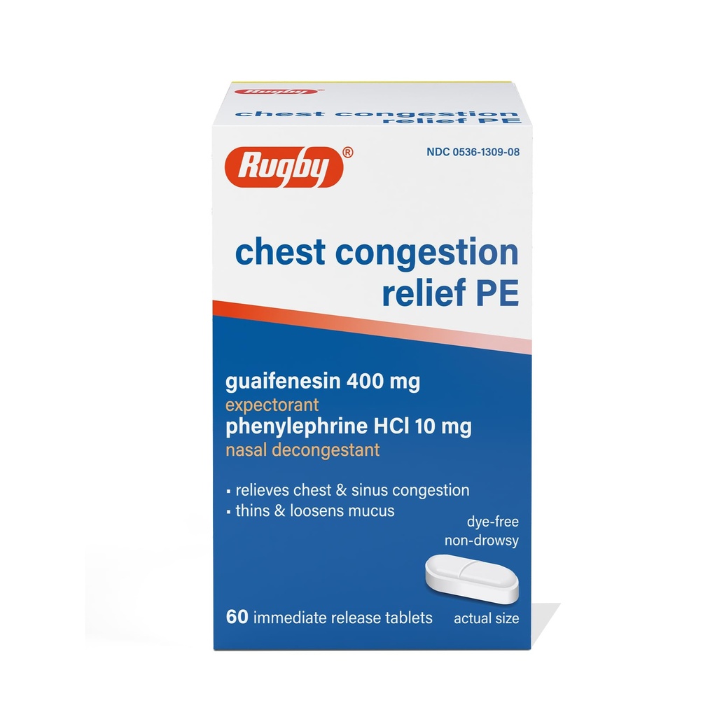 Rugby Chest Congestion Relief PE Guaifenesin 400 Mg/Phenylephrine HCl 10 Mg - Expectorant Nasal Decongestant - Relieves Chest and Sinus Congestion - 60 Immediate Release Tablets