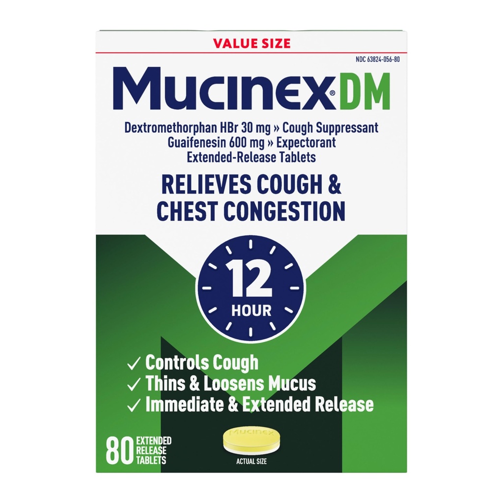 Mucinex DM 12Hr Chest Congestion & Cough Medicine for Adults, Cold and Cough Medicine for Excess Mucus Relief, 600 mg Guaifenesin & 30 mg Dextromethorphan HBr, 80 Bi-Layer Tablets