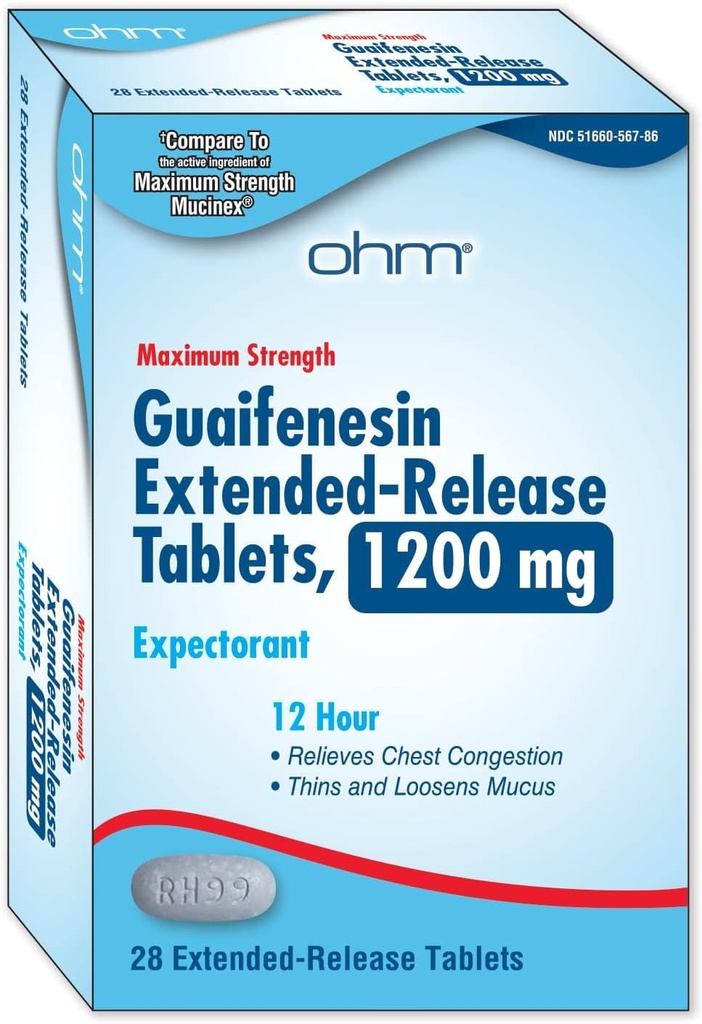 Ohm Guaifenesin 1200mg, Chest Congestion and Mucus Relief Extended-Release Maximum Strength Tablets, 12-Hour Expectorant Helps Thin & Loosen Stubborn Mucus, Non-Drowsy (Pack of 2)