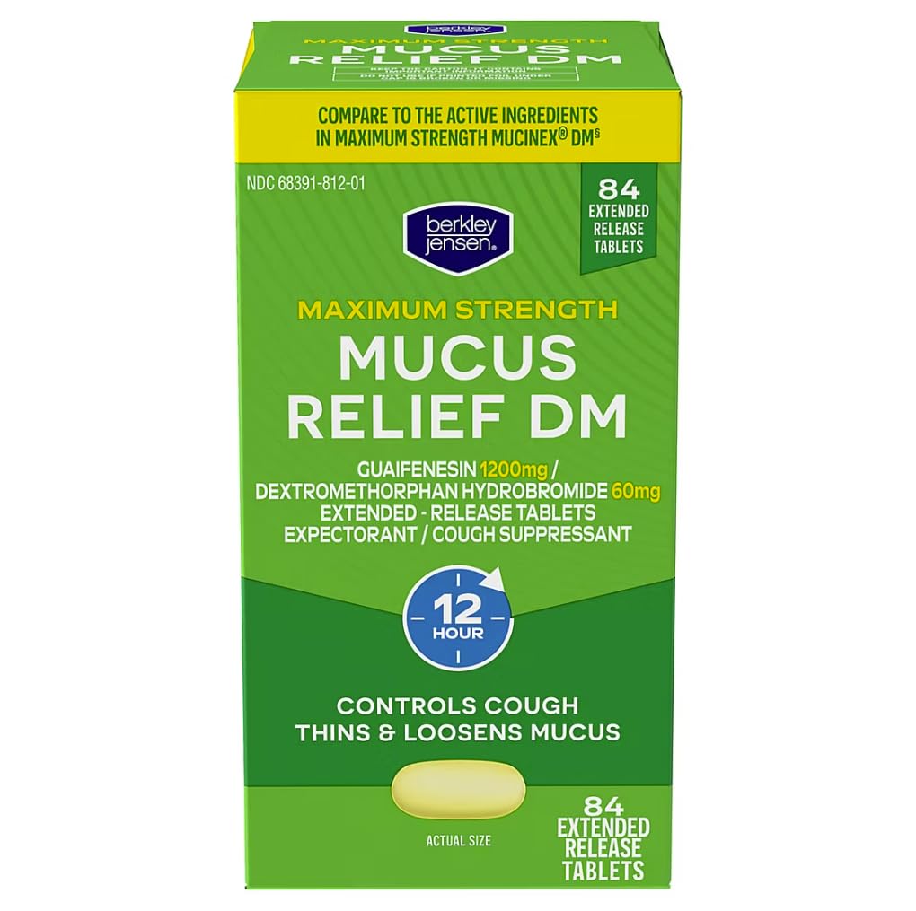 berkley jensen Maximum Strength Mucus Relief DM, 1200mg Guaifenesin and 60mg Dextromethorphan HBr, 12-Hour Chest Congestion, Cough Suppressant, Extended Release, 84 Tablets (Pack of 1)