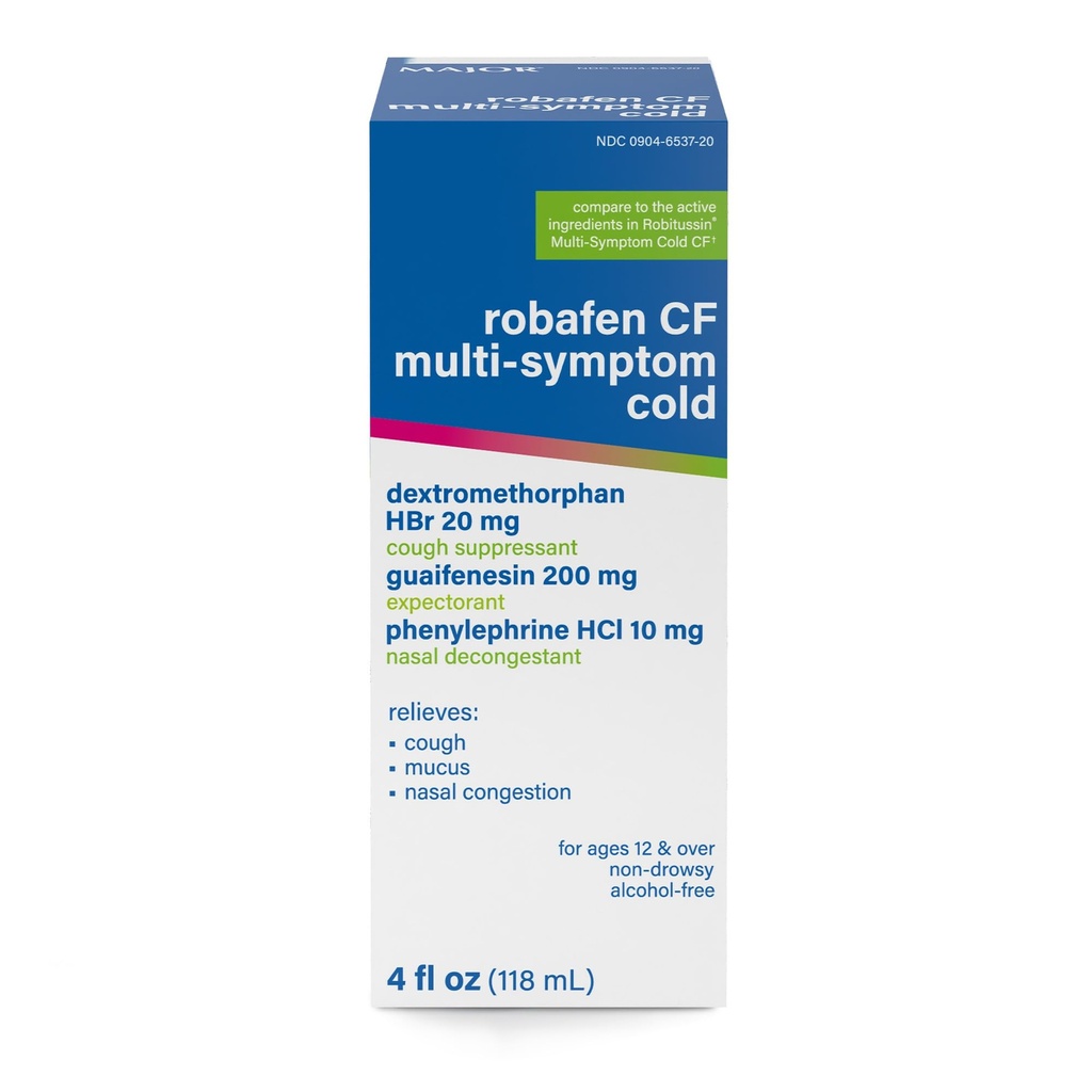 MAJOR Robafen CF Multi-Symptom Peak Cold Cough Syrup for Congestion and Mucus Relief, Alcohol-Free, Non-Drowsy - 4 fl oz (1 Pack)