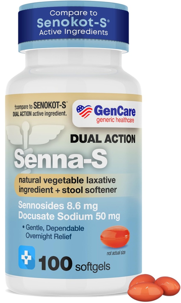 GenCare Senna-S – 100 Softgels – 8.6 mg Senna Tablets with 50 mg Docusate Sodium Stool Softener for Women & Men – Stimulant Laxative for Occasional Constipation Relief – Generic for Senakot-S