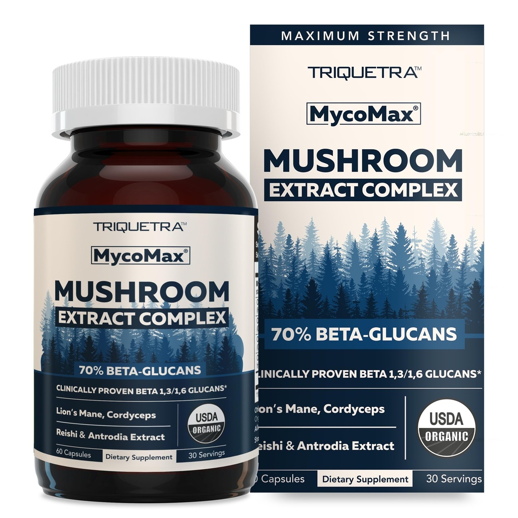 MycoMax Mushroom Complex - 70% Beta Glucans, Max Potency Mushroom Supplement, US Grown + Usulger Extraction - Lions Mane, Cordyceps, Reishi & More - Γνωριμία, Ανοσία, Ενέργεια - 60 κάψουλες