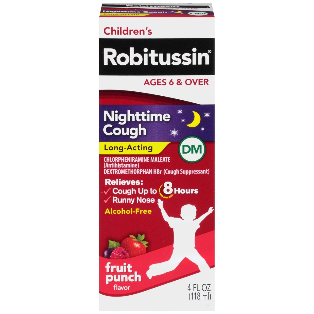 Children's Robitussin Nighttime Cough Long-Acting DM, Cough Medicine for Kids, Fruit Punch Flavor - 4 Fl Oz Bottle