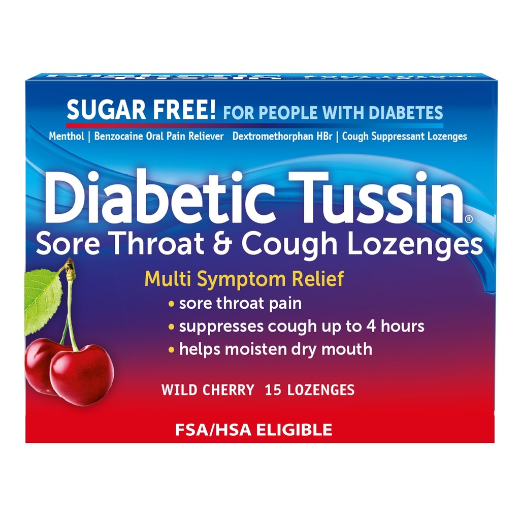 Diabetic Tussin Sugar Free Sore Throat & Cough Drops, Wild Cherry, 15 Count, Sodium-Free Lozenges with Soothing Liquid Center
