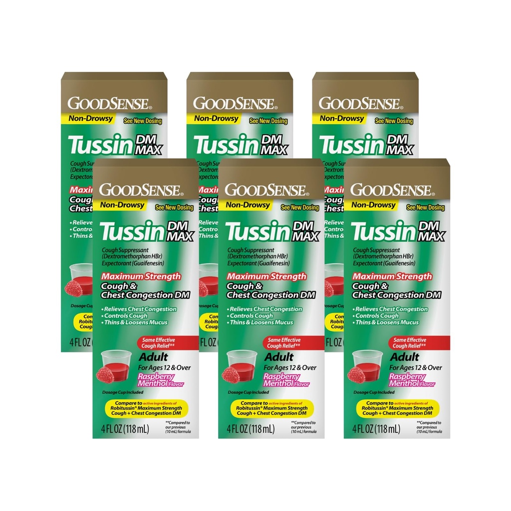 GoodSense Tussin DM Cough + Congestion Relief, Maximum Strength Liquid Cough Medicine, Raspberry Menthol Flavor 4 Fl Oz (Pack of 6)