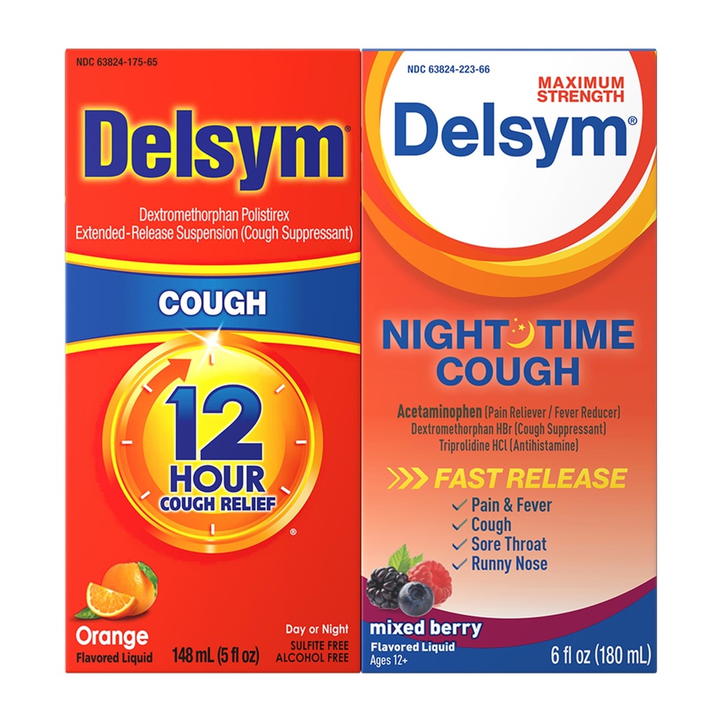 Delsym 12 Hour Cough 5 oz. and Nighttime Fast Relief 6oz, Cough Liquid, Cold Medicine for Adults Relieves Cough, Sore Throat, Pain & Fever, Runny Nose