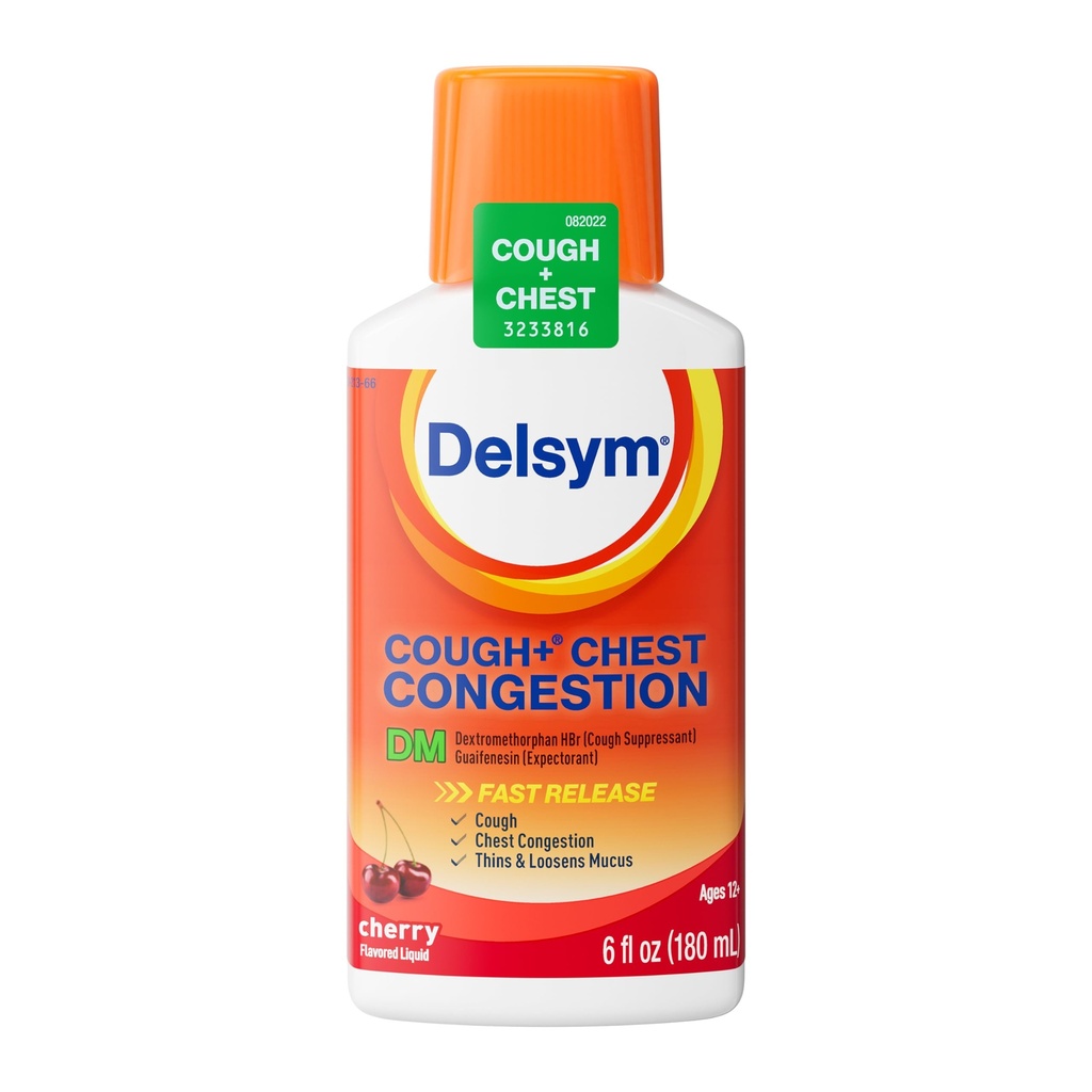 Delsym Max Strength Cough + Chest Congestion DM Liquid, Cold Medicine for Adults Relieves Cough & Chest Congestion, Expectorant Thins & Loosens Mucus, Cherry Flavor, 6 Fl Oz