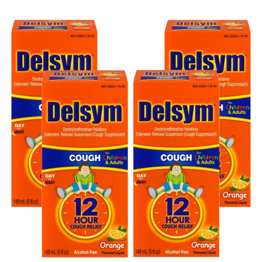 Delsym 12 Hour Cough Suppressant, Orange - 5 oz, Pack of 4