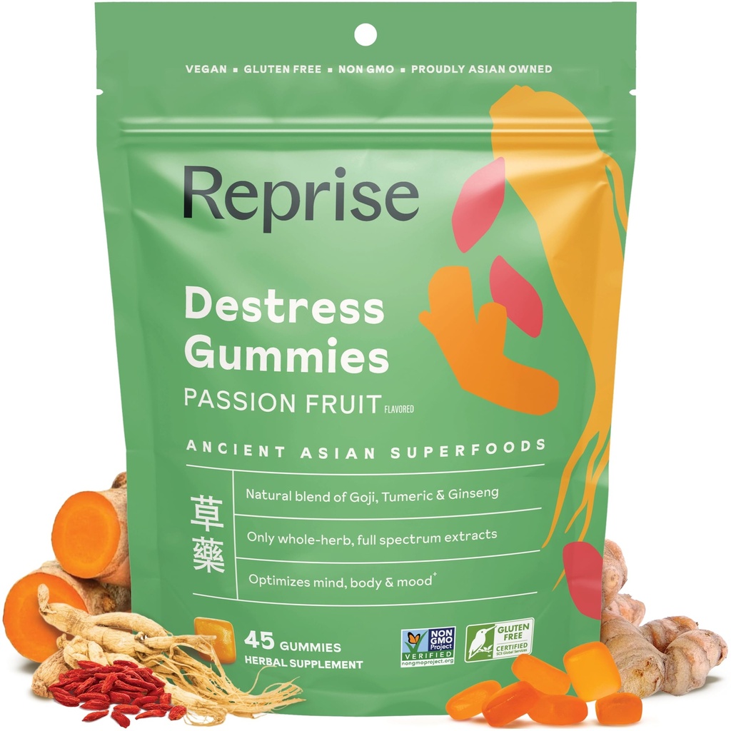 De-Stress Gummies με American Ginseng, Turmeric, και Goji - Βοήθεια με το άγχος ανακούφιση & Mood Boost, Όλα-Φυσική χαλάρωση, Χαμηλή Σούγκαρ, 45 Vegan Gummies, Πάθος Φρούτα (45 Gummies (Pack of 1))