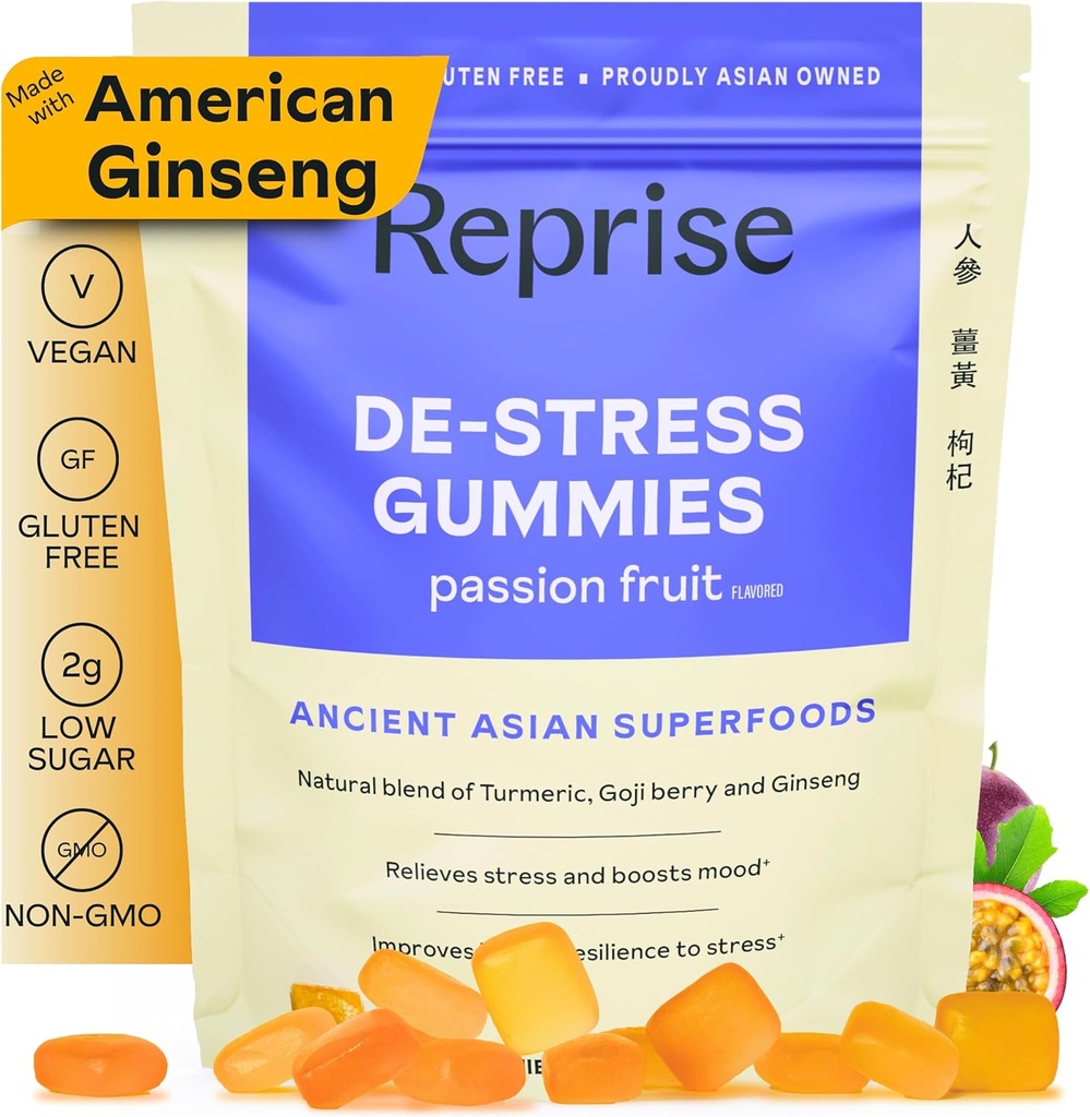 De-Stress Gummies with American Ginseng, Turmeric, and Goji - Assist with Stress Relief & Mood Boost, All-Natural Relaxation, Low-Sugar, 45 Vegan Gummies, Passion Fruit (45 Gummies (Pack of 1))