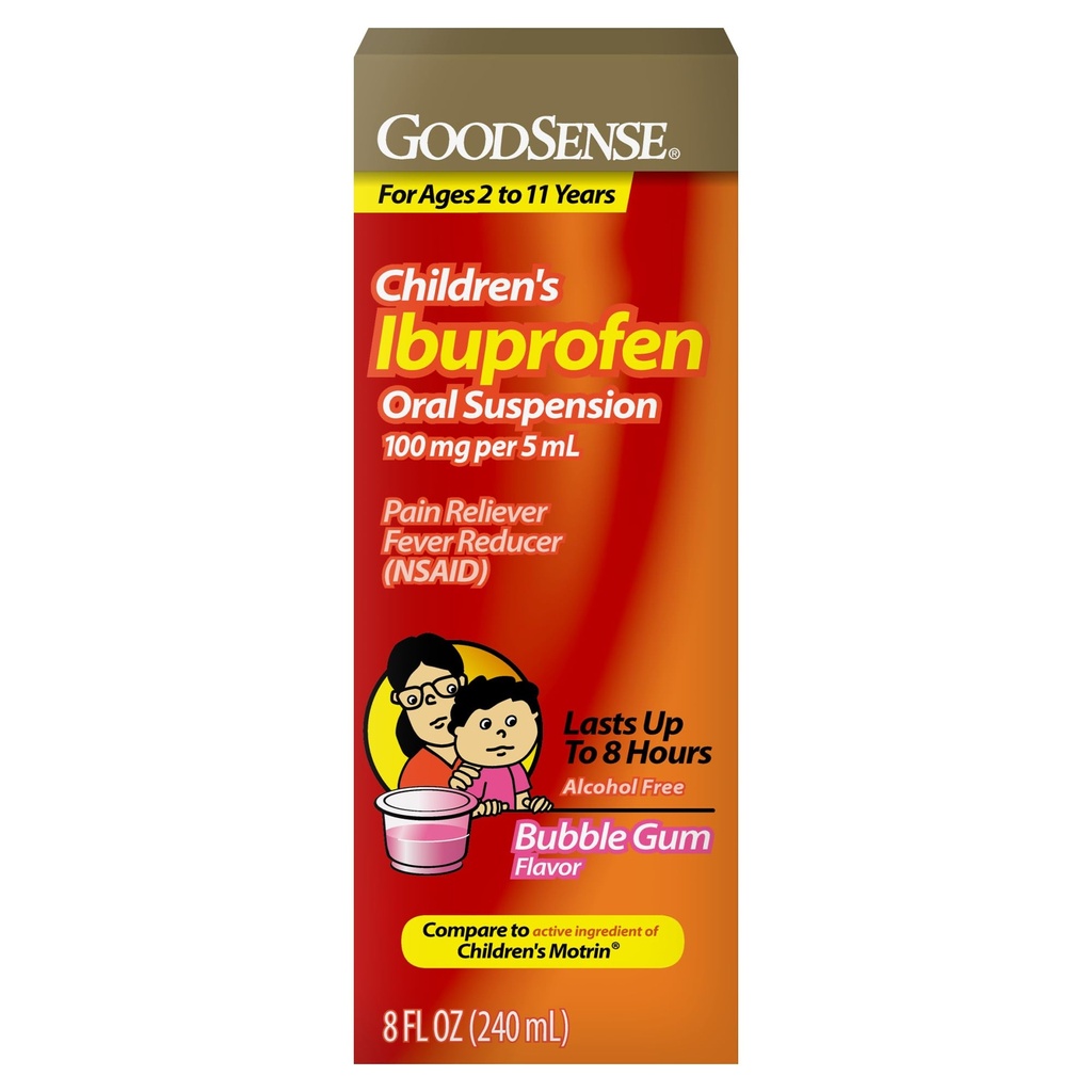 GoodSense Children's Ibuprofen Oral Suspension 100 mg per 5 mL, Pain Reliever and Fever Reducer (NSAID), Bubble Gum Flavor