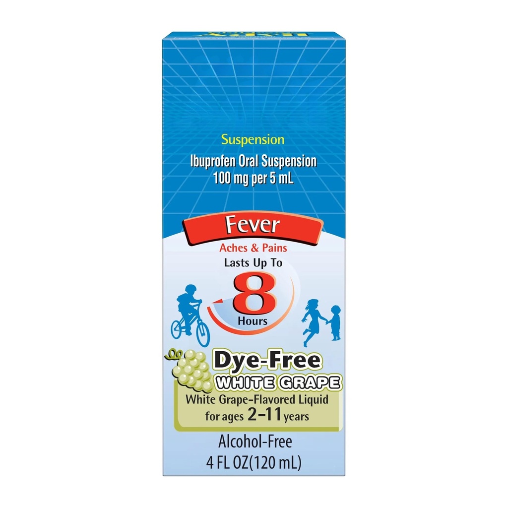 SEDLAV Dye Free Children’s Ibuprofen Liquid White Grape Flavor 100mg Per 5mL Pain Relief and Fever Reducer for Ages 2 to 11 4 fl oz